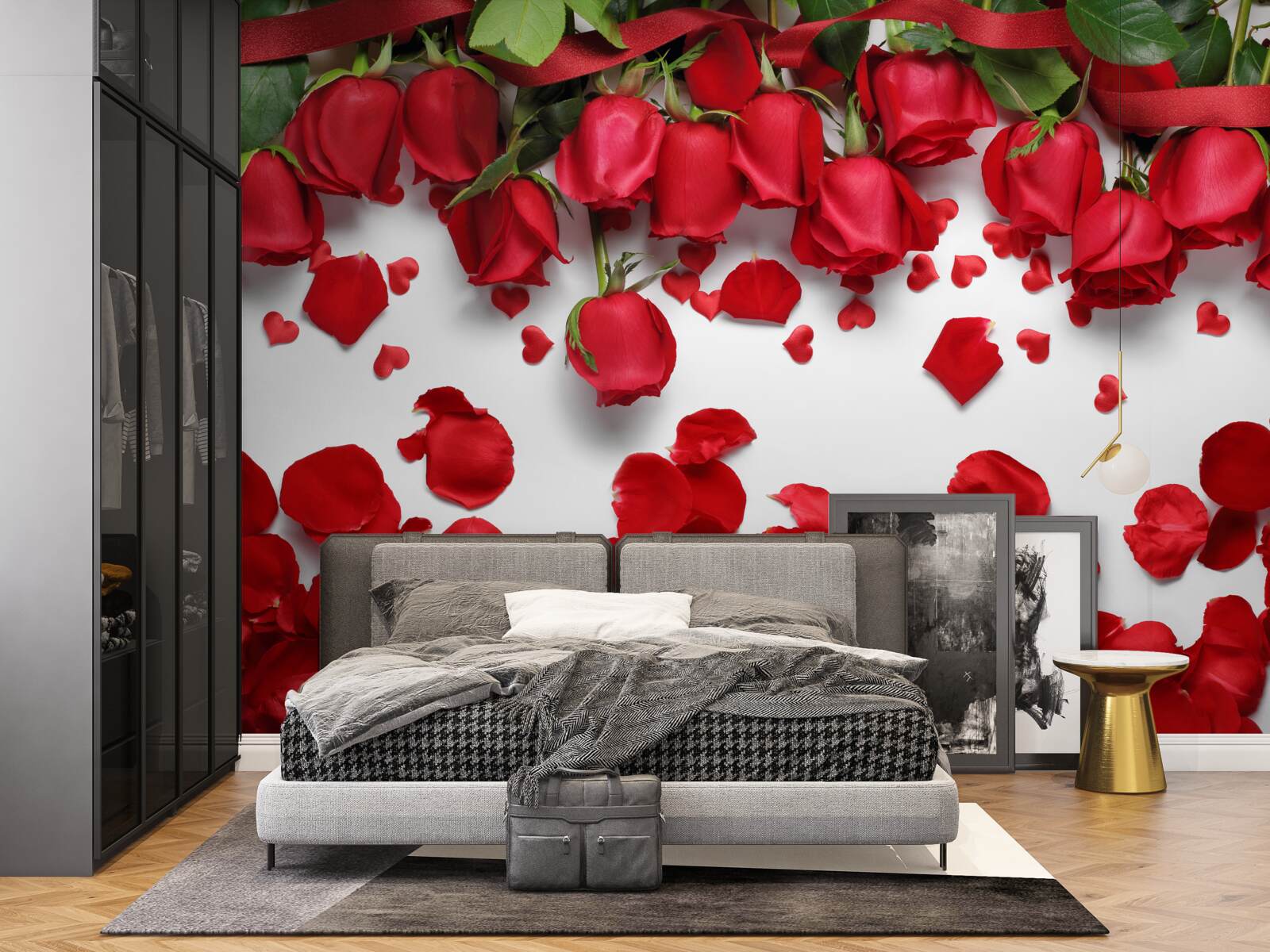 Fototapeten Die Flocken fallen aus den roten Grauen Rosen