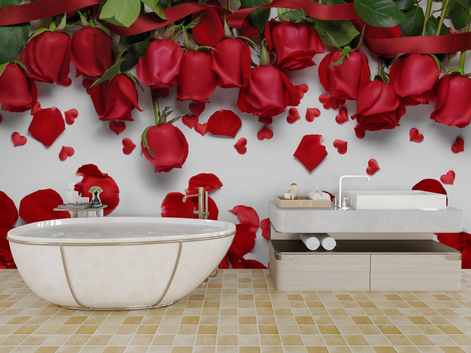Fototapeten Die Flocken fallen aus den roten Grauen Rosen