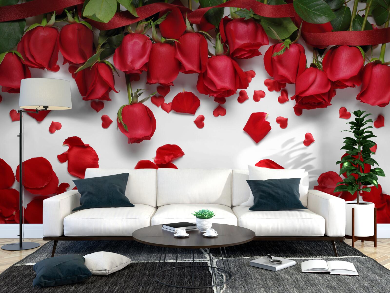 Fototapeten Die Flocken fallen aus den roten Grauen Rosen
