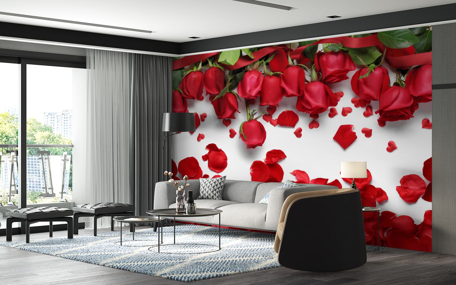 Fototapeten Die Flocken fallen aus den roten Grauen Rosen
