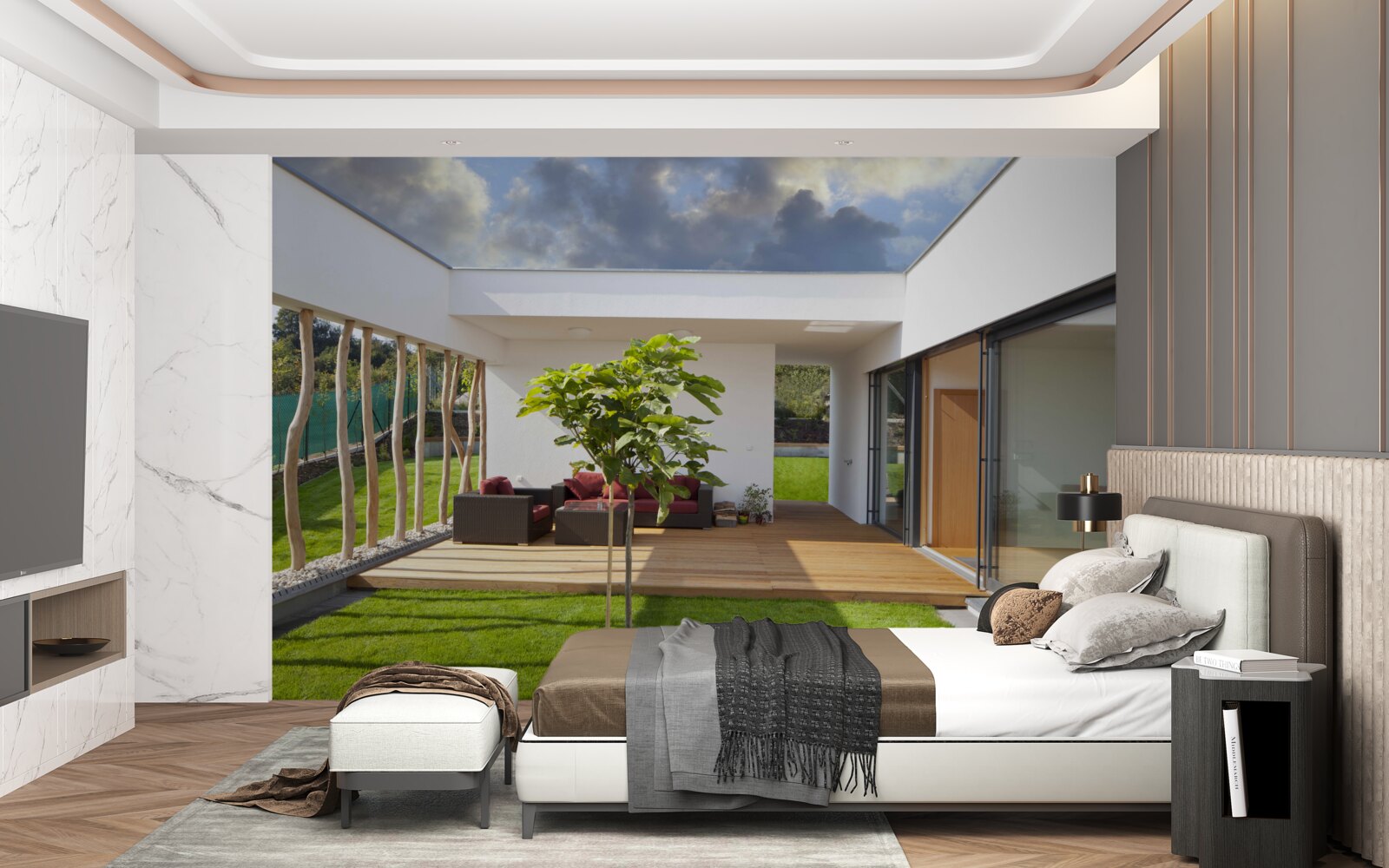 Fototapeten Modernes Innenarchitektur mit Holz und Pflanzen