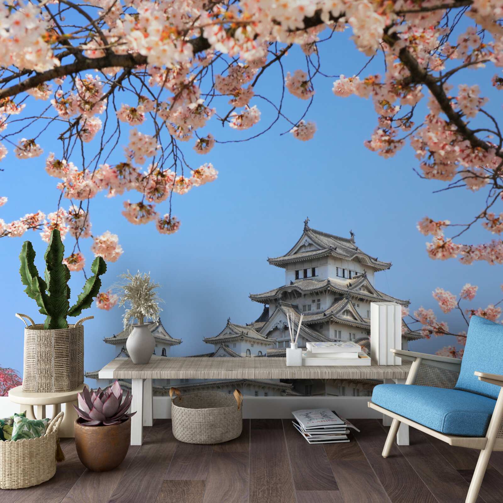 Fototapeten Der alte japanische Tempel, umgeben von Sakura