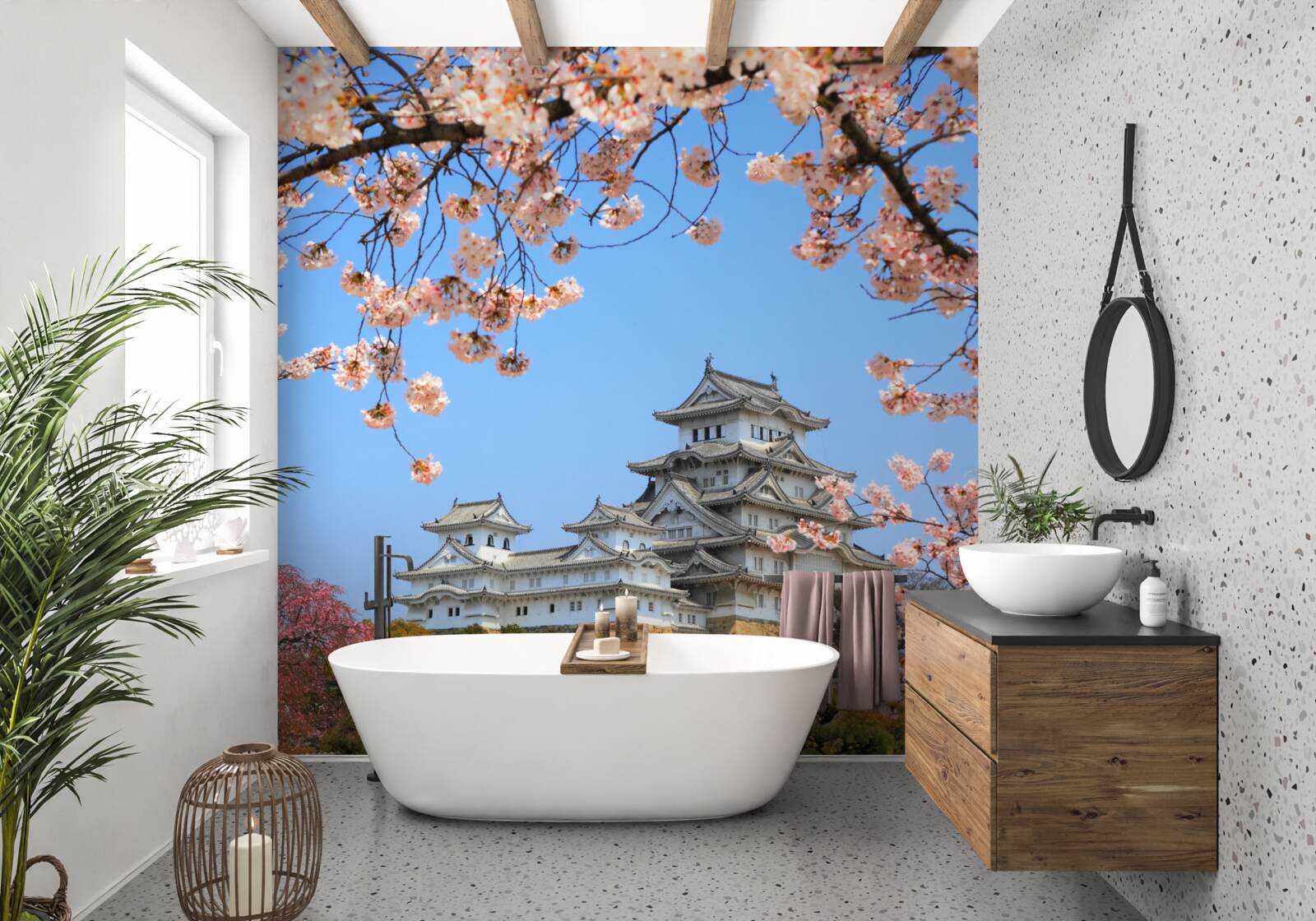 Fototapeten Der alte japanische Tempel, umgeben von Sakura