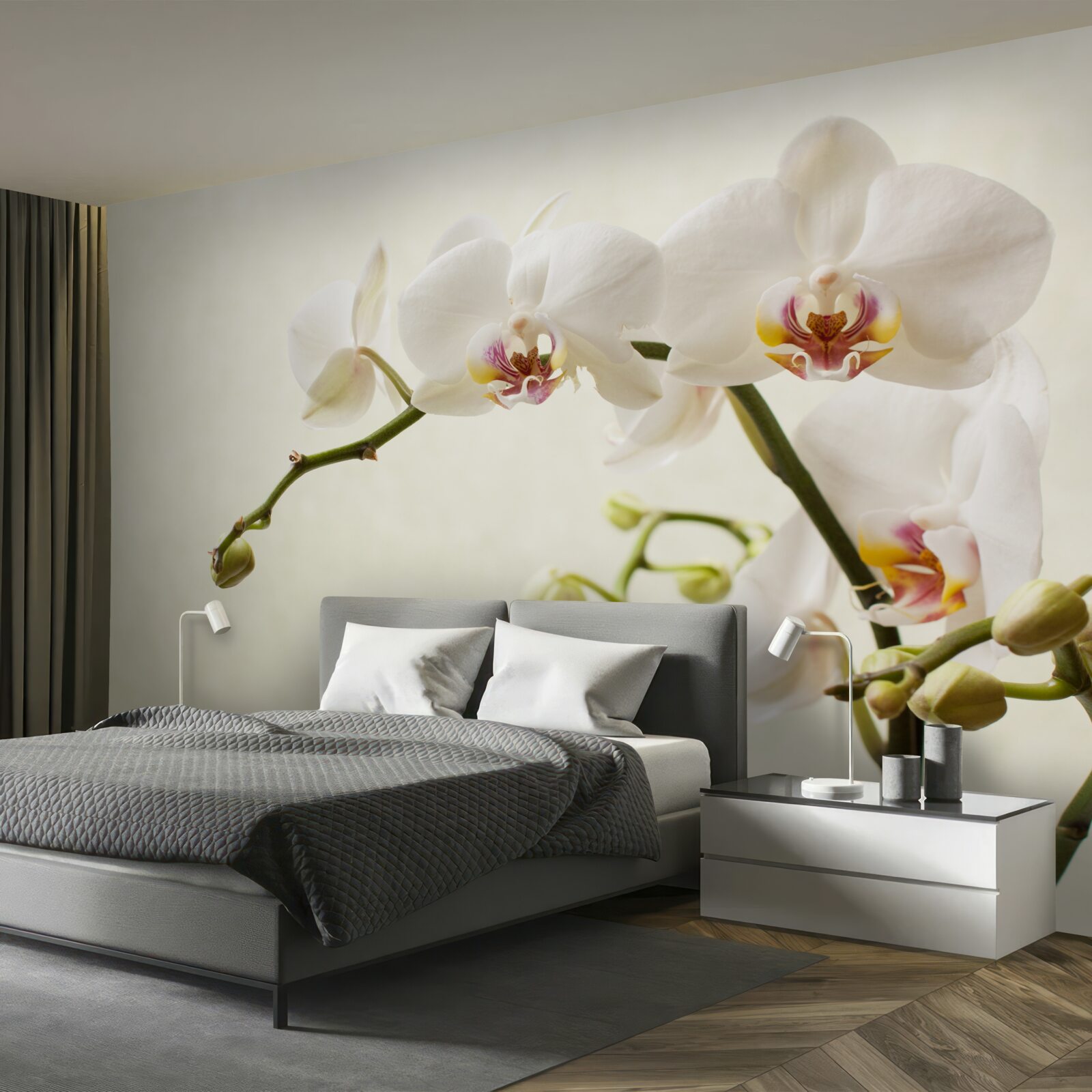 Fototapeten Zweige der weißen Orchidee auf einem hellen Hintergrund
