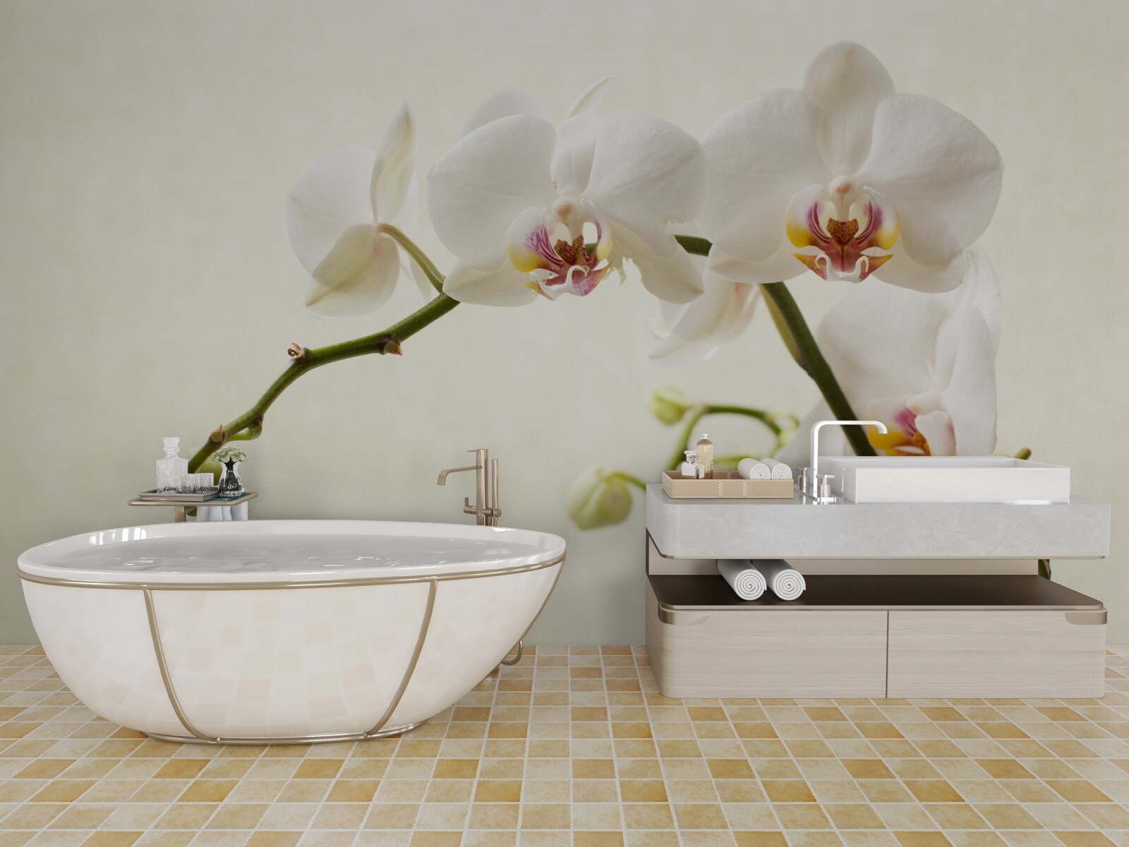 Fototapeten Zweige der weißen Orchidee auf einem hellen Hintergrund