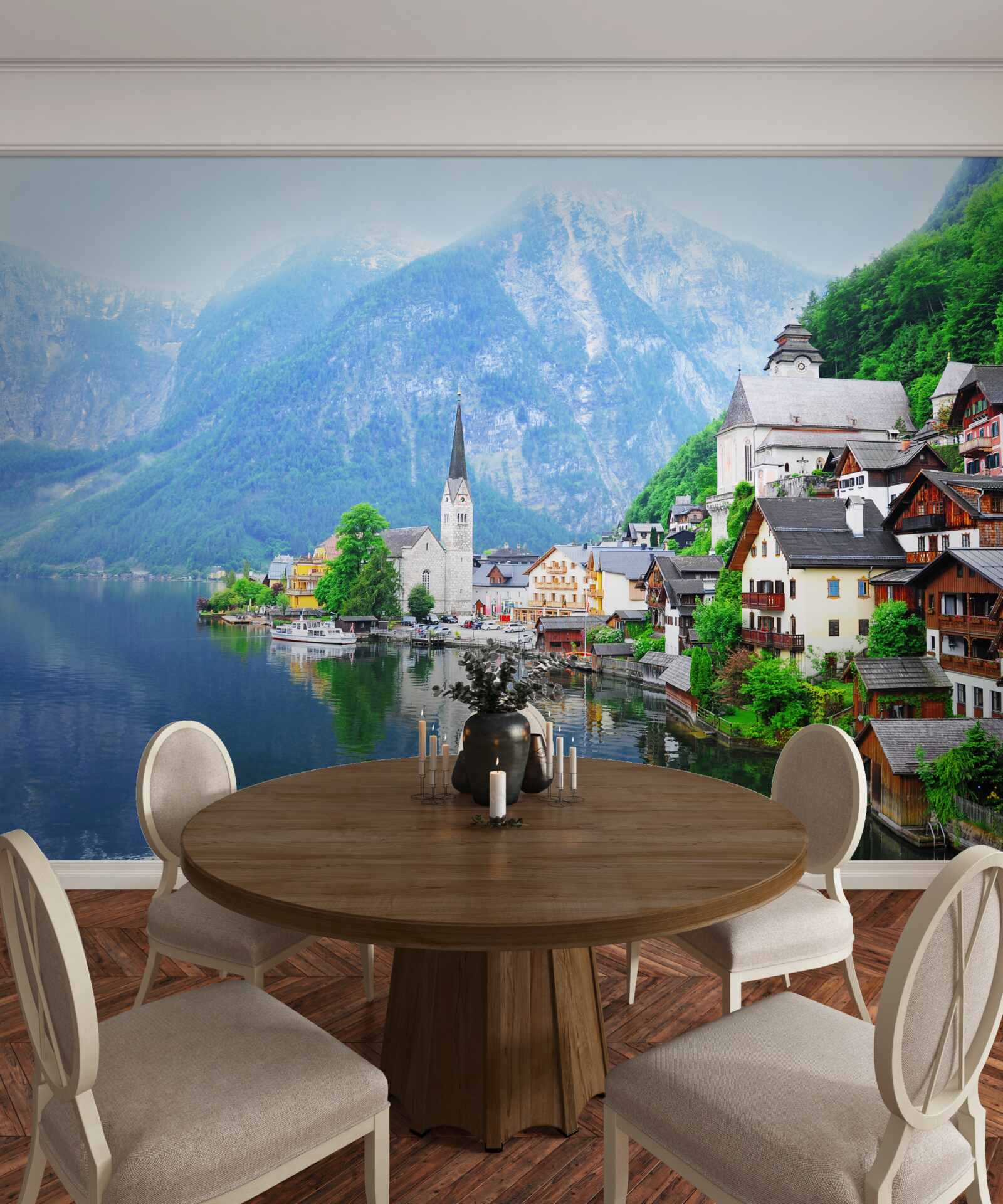 Fototapeten Ein ruhiges Schweizer Dorf am Fuße des Berges neben dem Teich