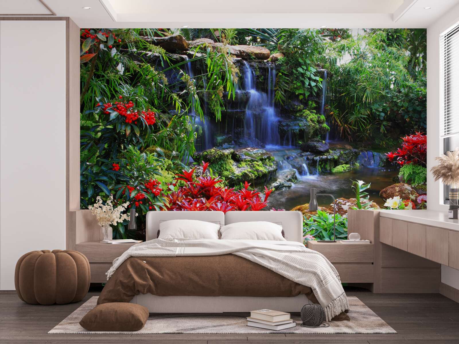 Fototapeten Ein magischer Ort in der Nähe des Wasserfalls, umgeben von Blumen umgeben