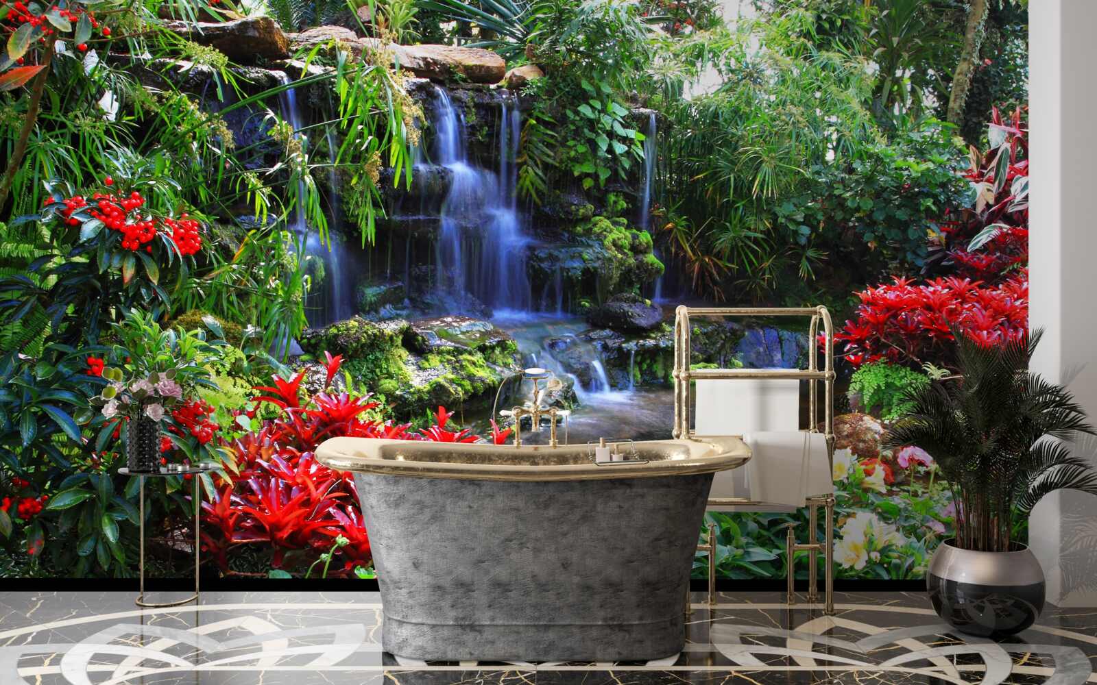 Fototapeten Ein magischer Ort in der Nähe des Wasserfalls, umgeben von Blumen umgeben