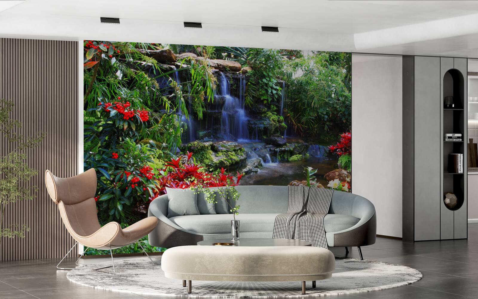 Fototapeten Ein magischer Ort in der Nähe des Wasserfalls, umgeben von Blumen umgeben