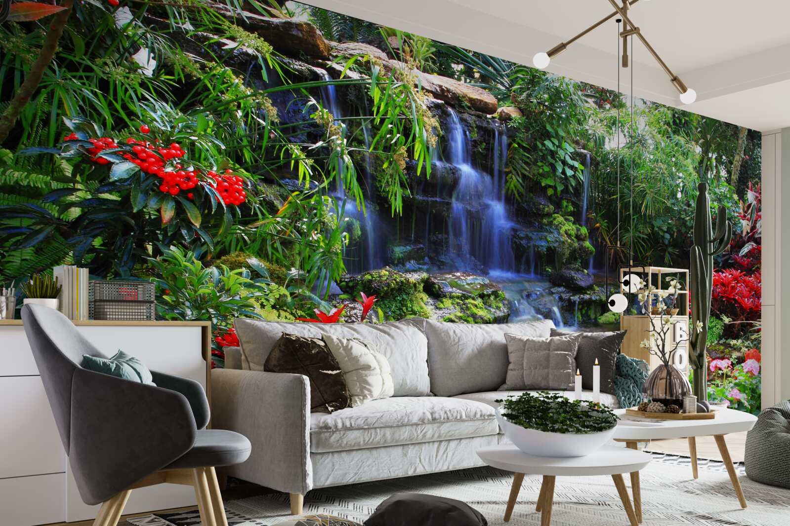 Fototapeten Ein magischer Ort in der Nähe des Wasserfalls, umgeben von Blumen umgeben