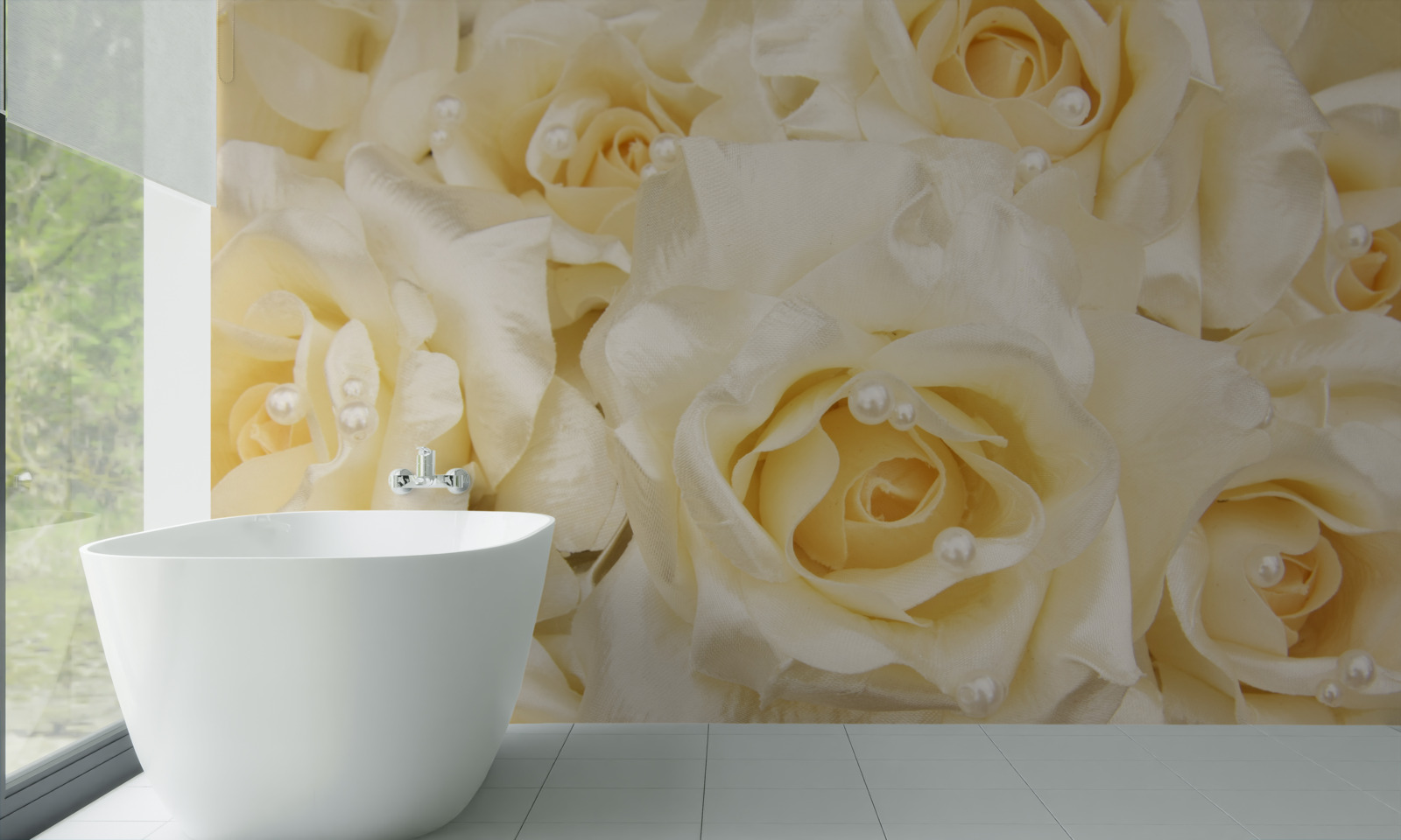 Fototapeten Eine Zusammensetzung von Rosen mit zarten weißen Blütenblättern und einem gelben Agenten