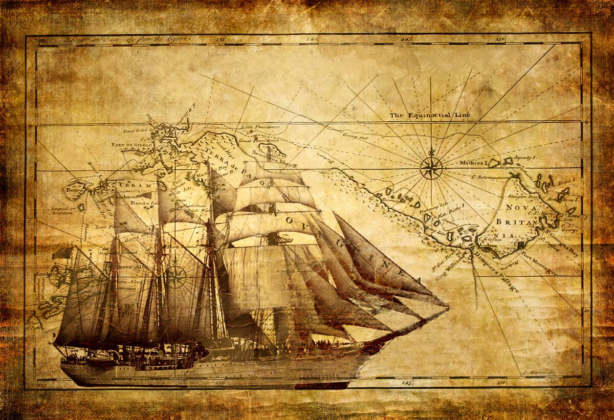 Fototapeten Altes Schiff unter den Segeln auf Pergament