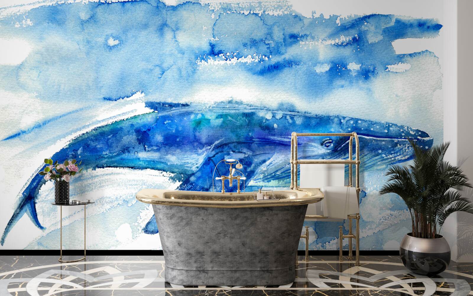 Fototapeten Aquarell mit Blauwalen darstellen