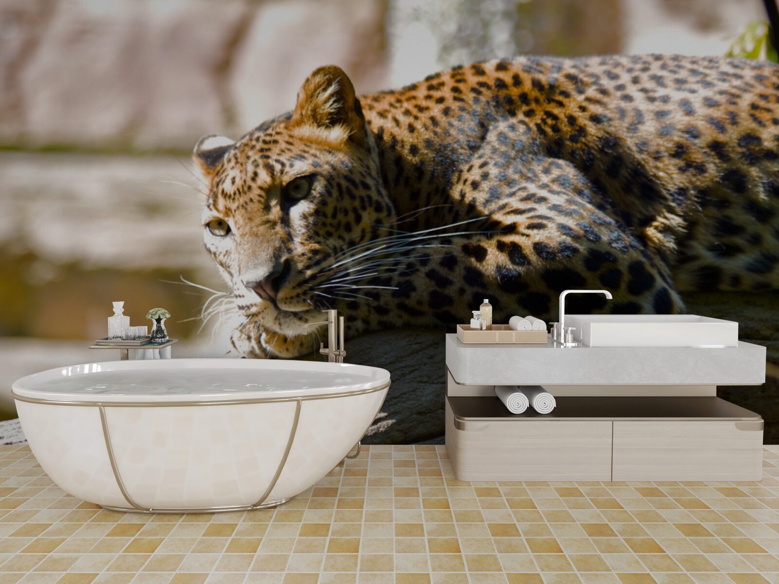 Fototapeten Der Leopard wird in heißer Sonne geheilt