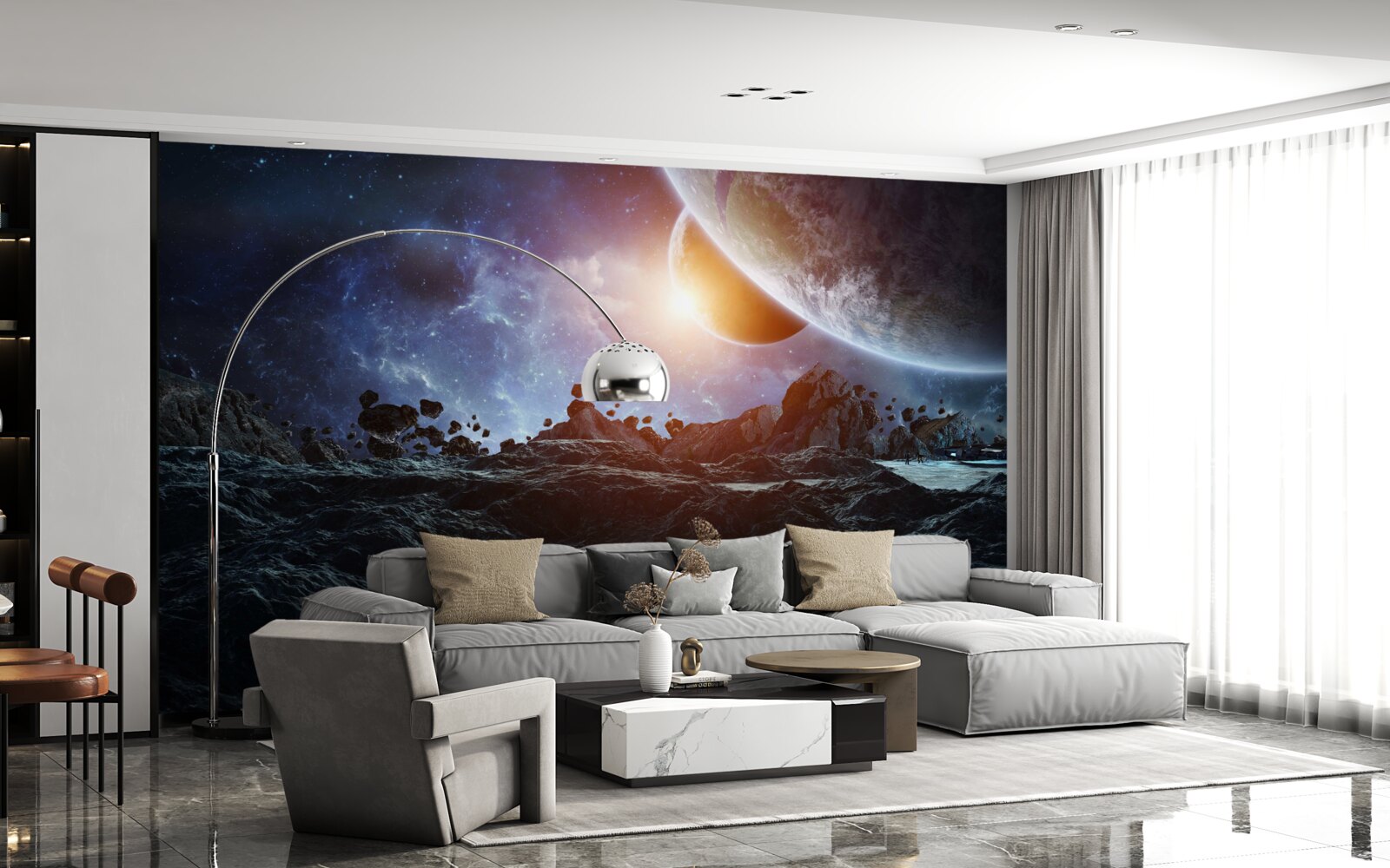 Fototapeten Eine zukünftige Welt mit Weltraumplaneten