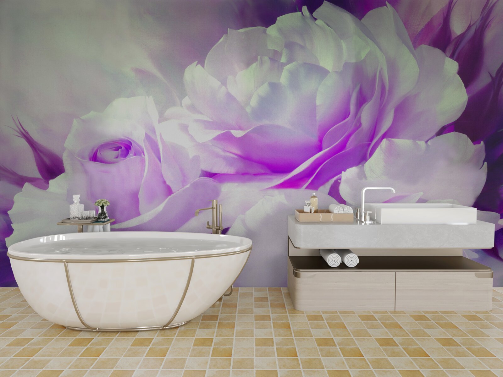 Fototapeten Die Blumen sind weiß mit lila Noten und Blitzen