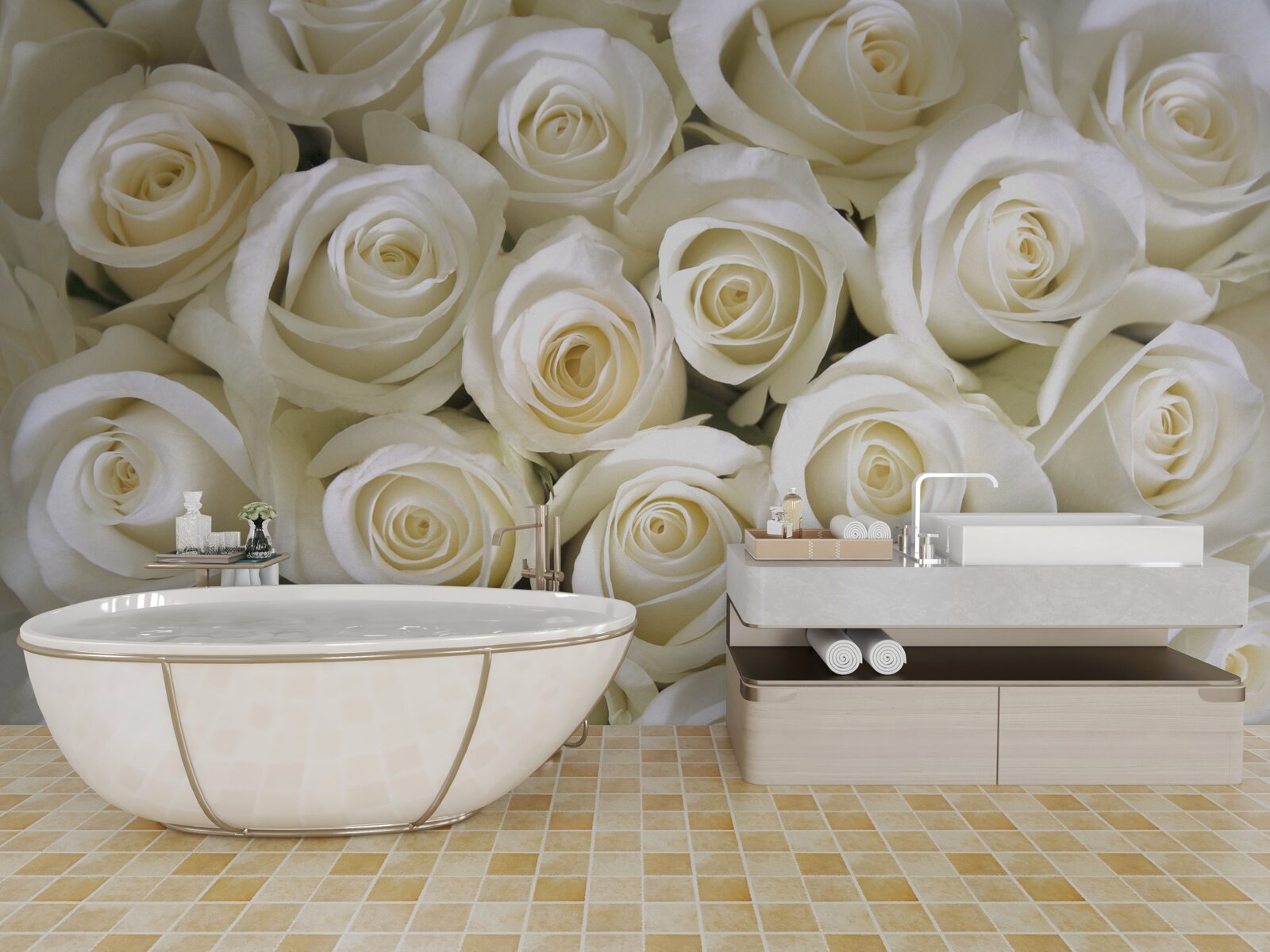 Fototapeten Ein Blumenstrauß mit vielen zarten weißen Rosen gefüllt