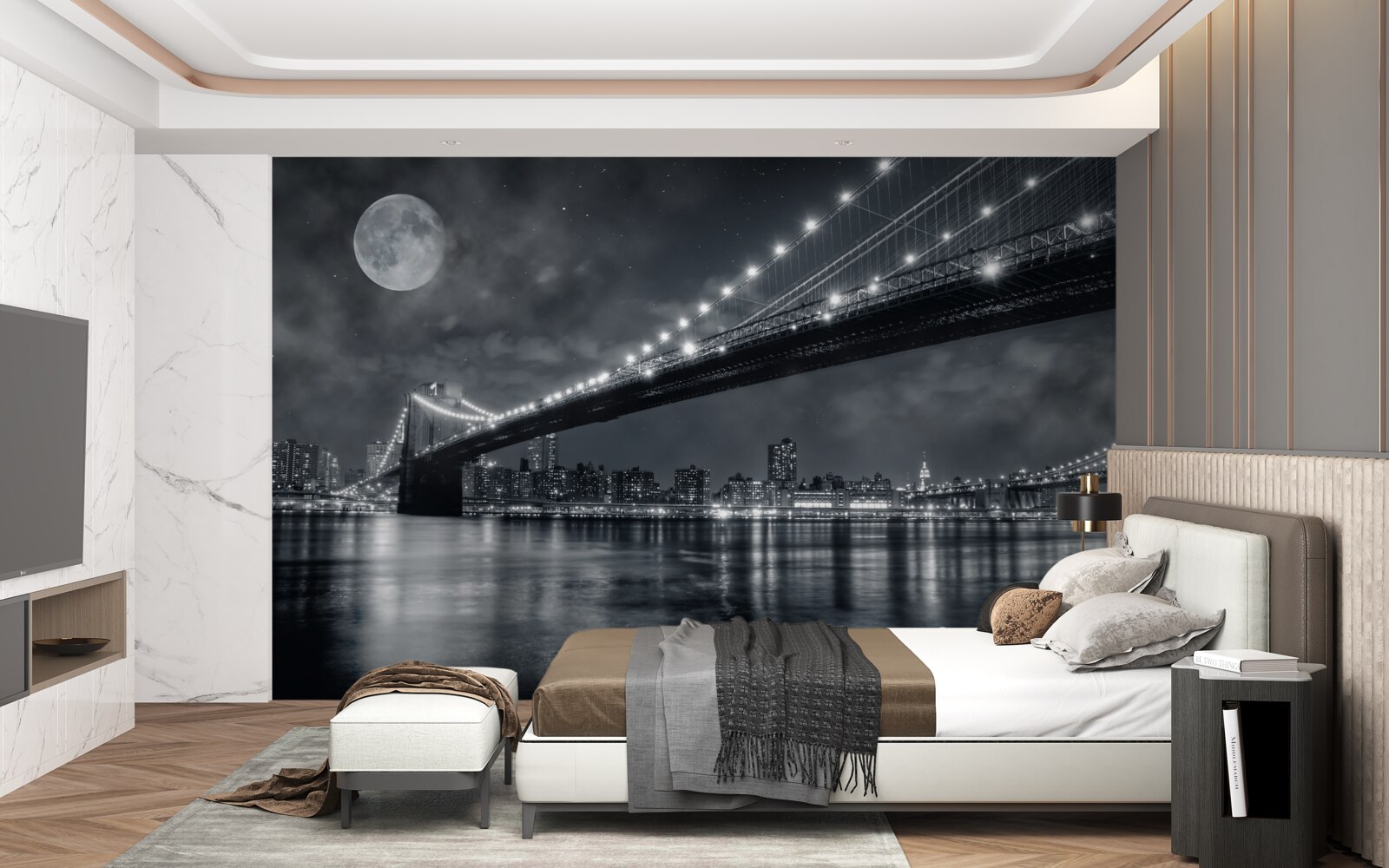 Fototapeten Nacht und beleuchtete Manhattan -Brücke