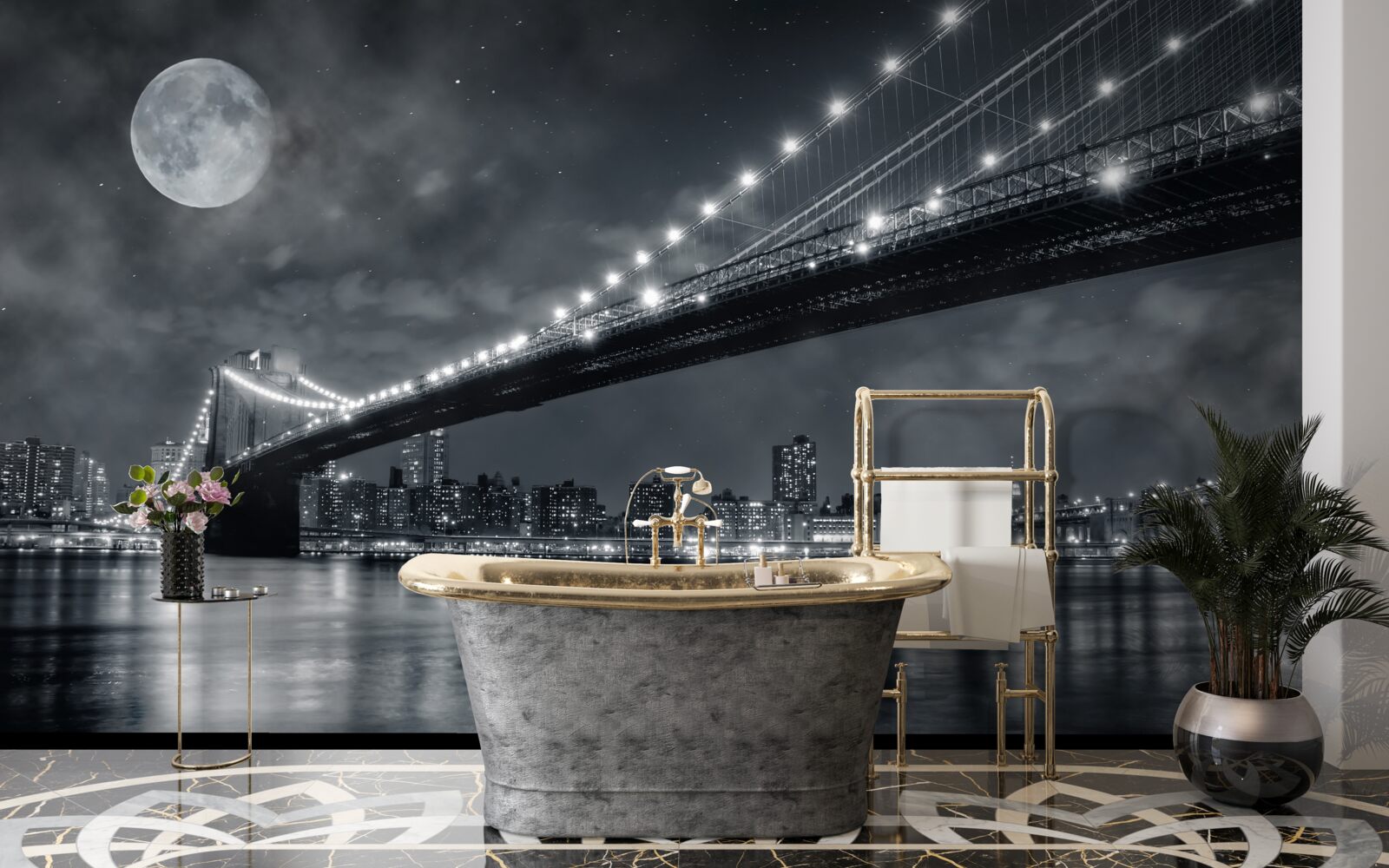Fototapeten Nacht und beleuchtete Manhattan -Brücke
