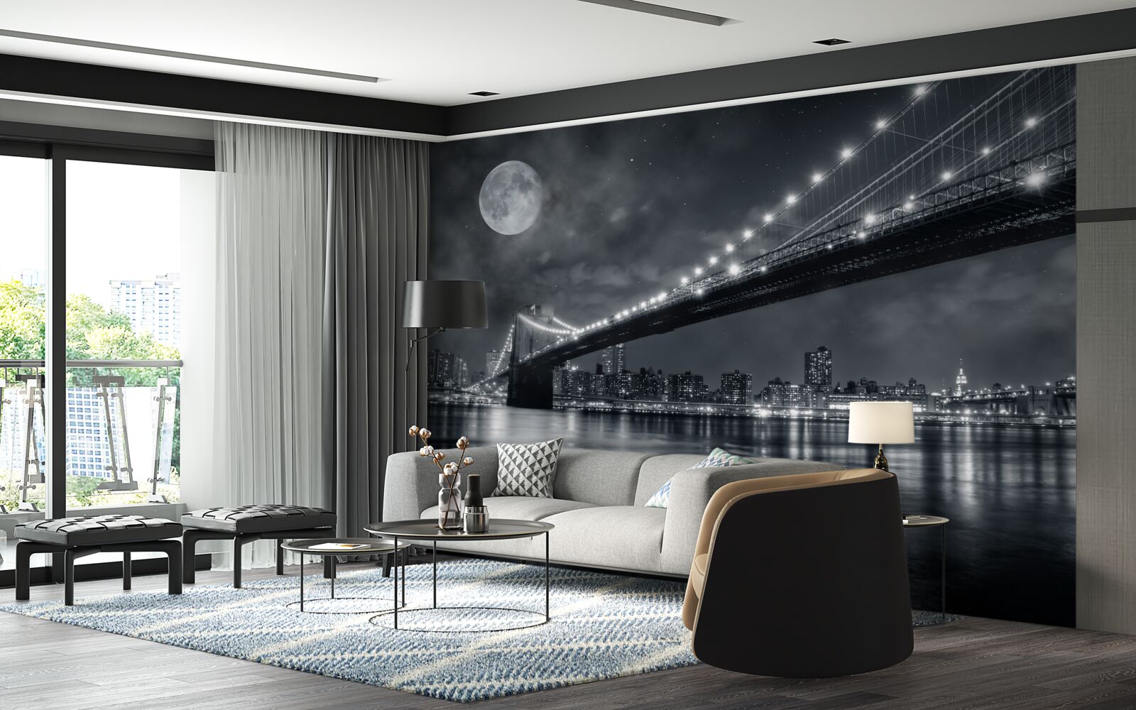 Fototapeten Nacht und beleuchtete Manhattan -Brücke