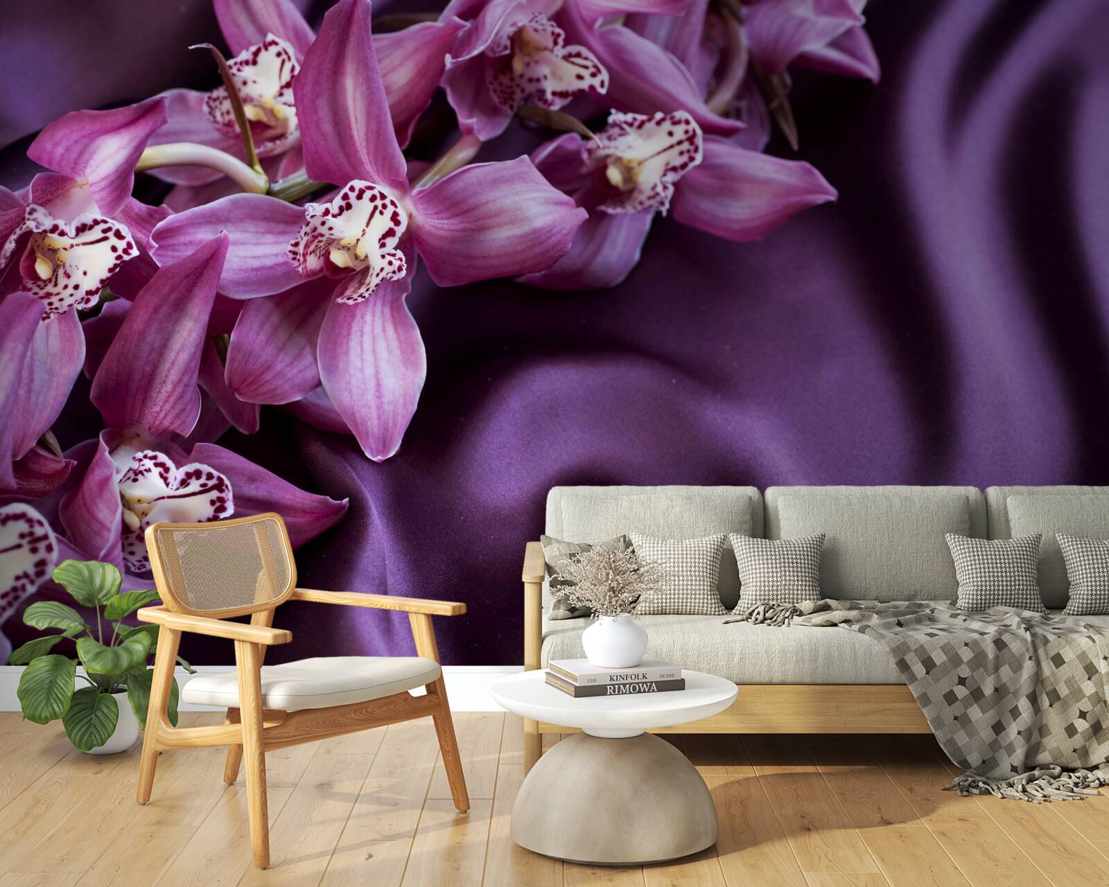Fototapeten anmutige Blumen von Lavendel auf violette Seide