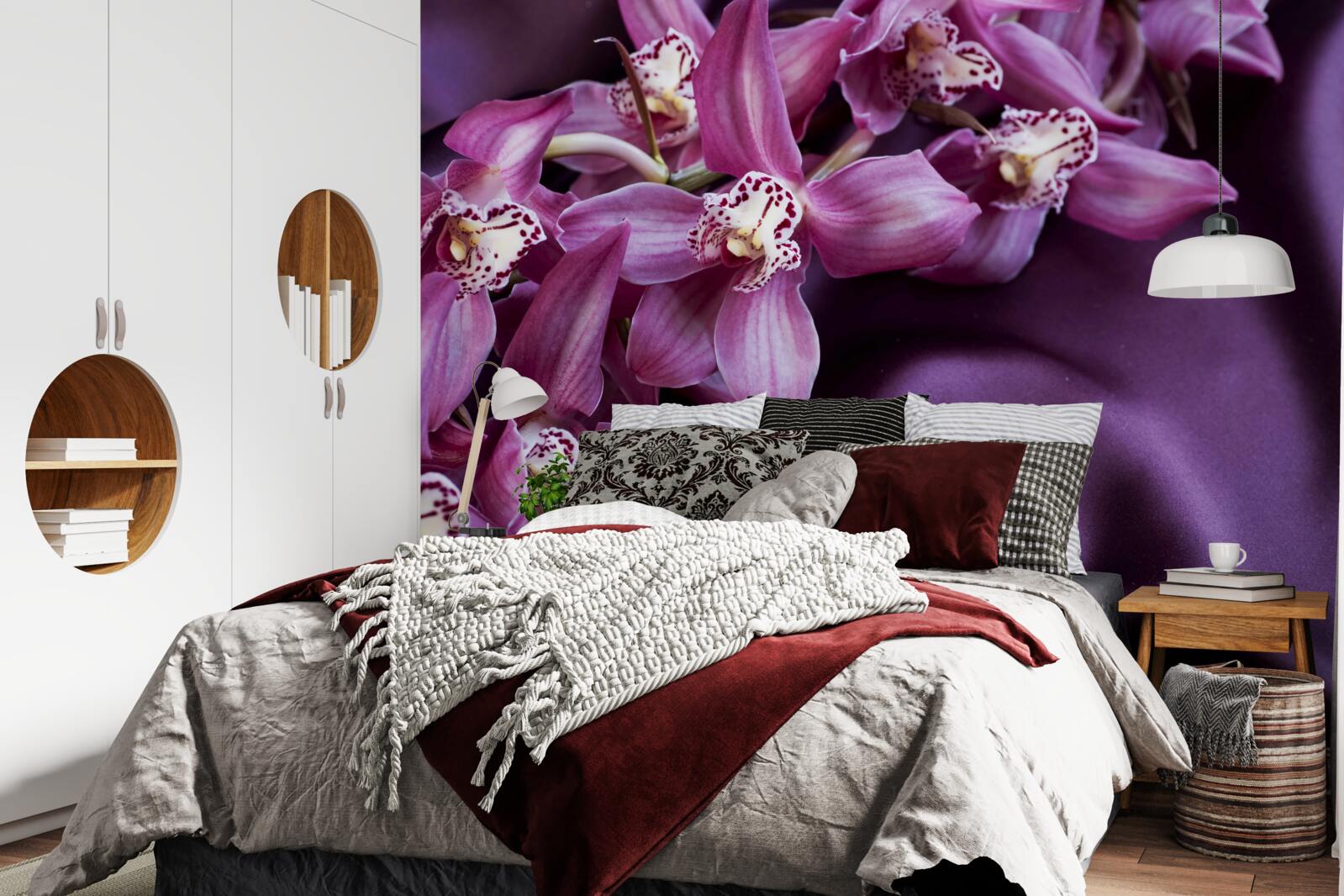 Fototapeten anmutige Blumen von Lavendel auf violette Seide