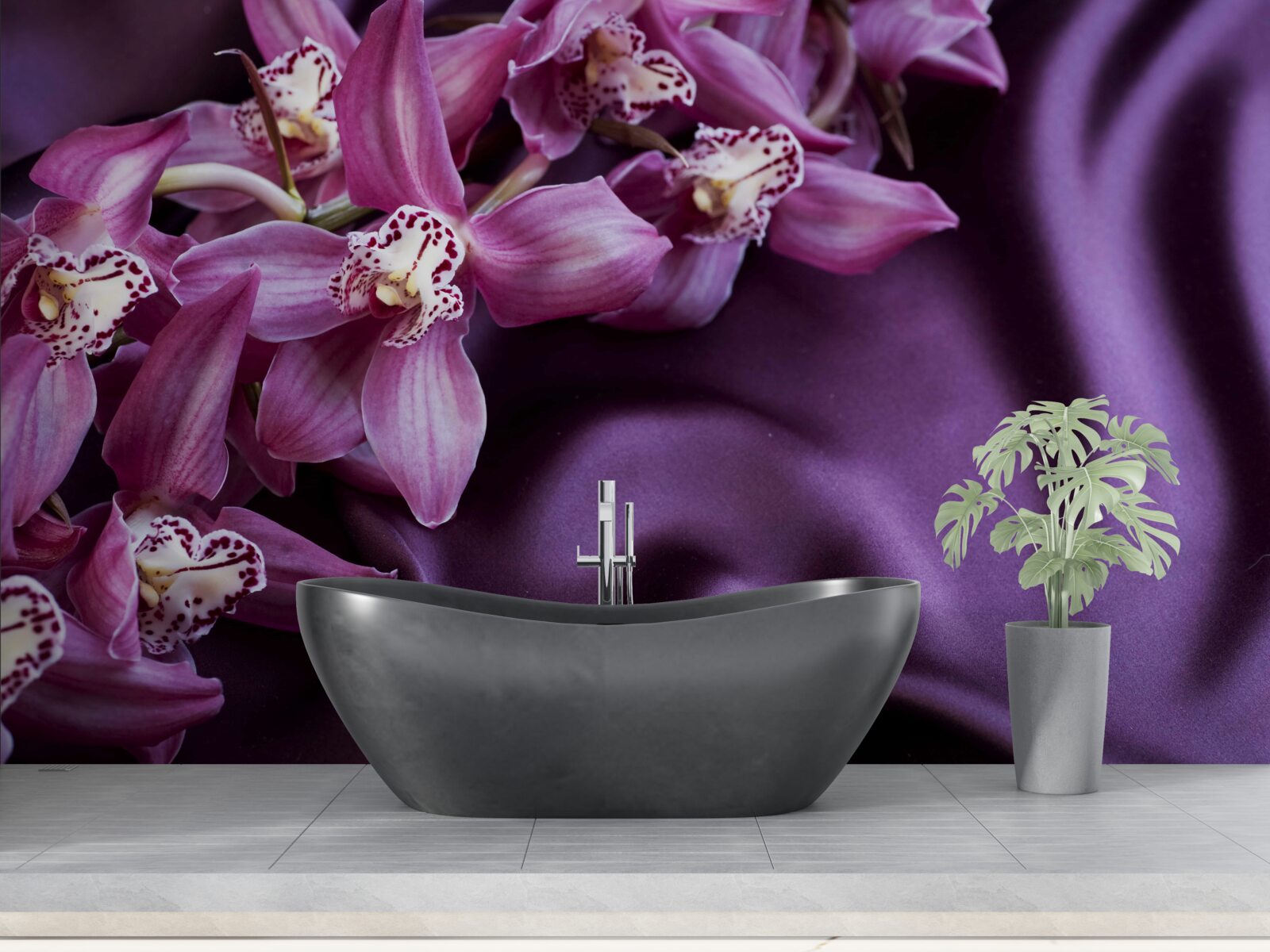 Fototapeten anmutige Blumen von Lavendel auf violette Seide