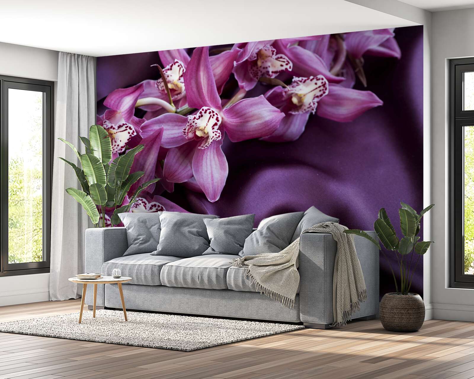 Fototapeten anmutige Blumen von Lavendel auf violette Seide