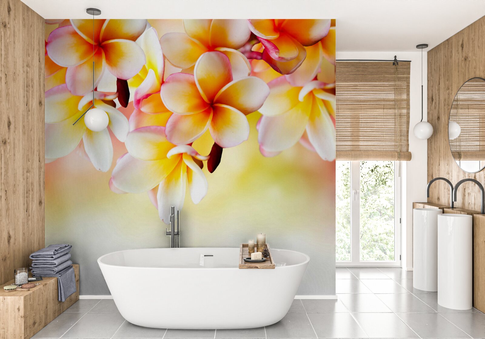 Fototapeten Weißorange Blüten hängen über der Wasseroberfläche