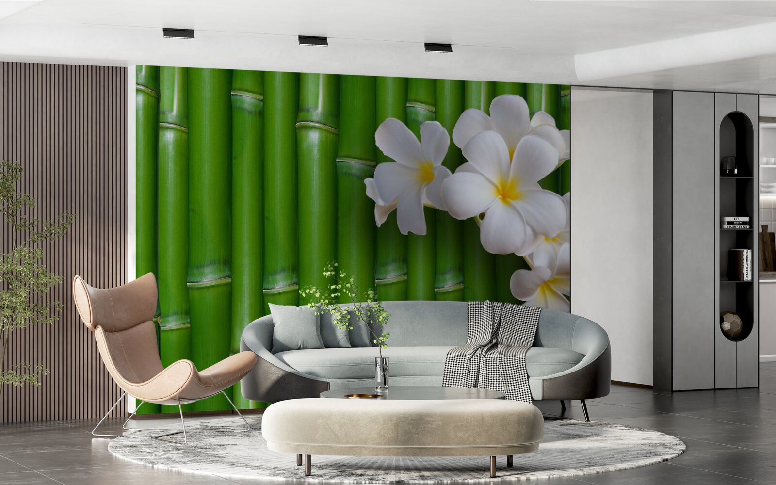 Fototapeten Helle Blumen auf einem hochgrünen Bambus