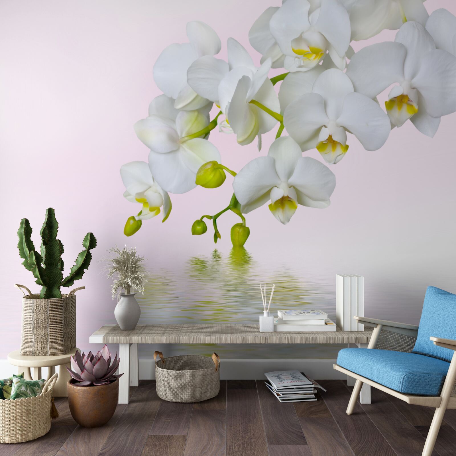 Fototapeten Weiße Orchidee mit blühenden Blumen und Knospen in der Nähe von Wasser