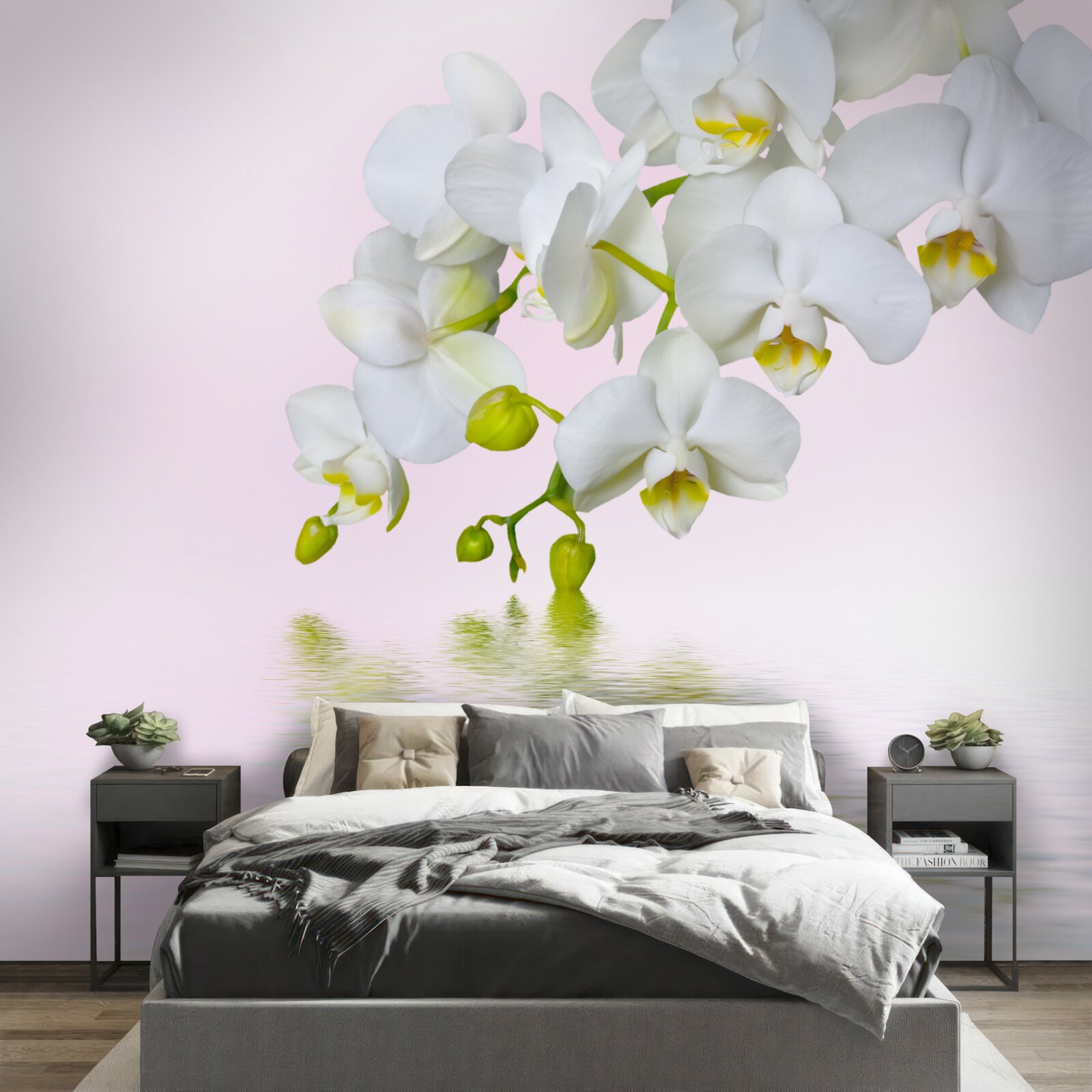 Fototapeten Weiße Orchidee mit blühenden Blumen und Knospen in der Nähe von Wasser