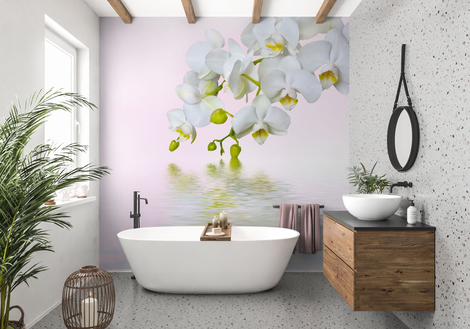 Fototapeten Weiße Orchidee mit blühenden Blumen und Knospen in der Nähe von Wasser