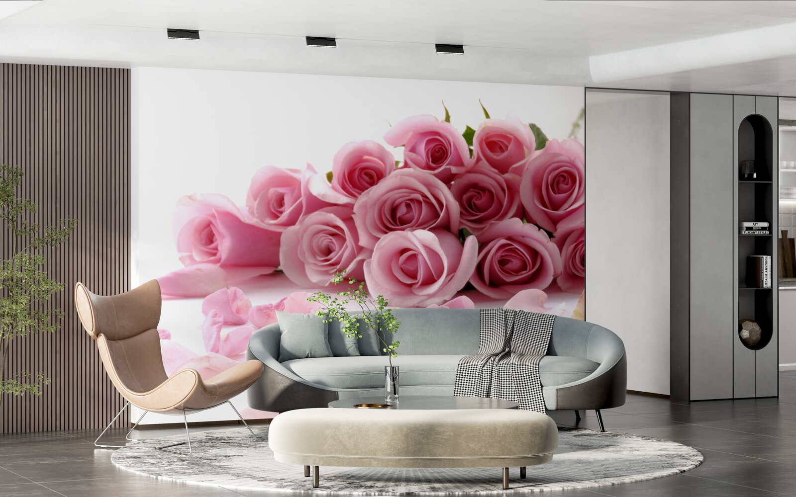 Fototapeten Zarte rosa Rosen mit Blütenblättern in der Nähe der Wasseroberfläche