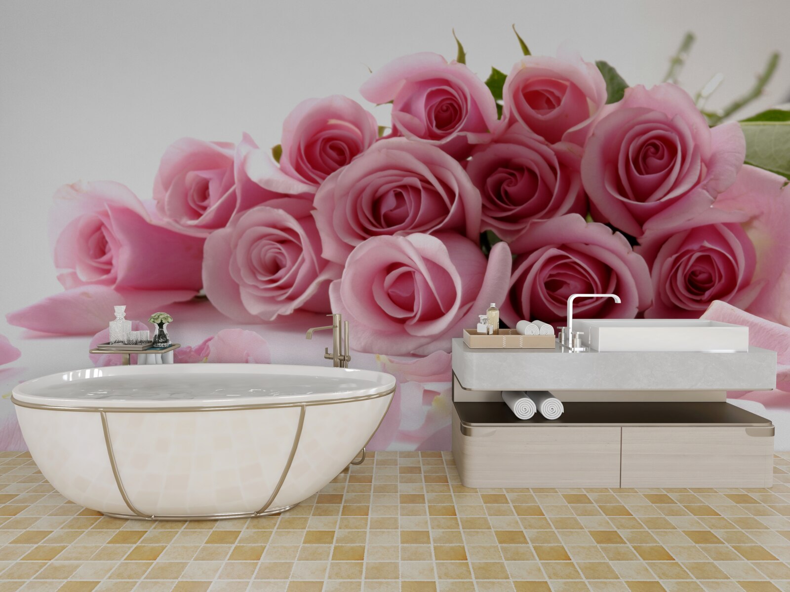 Fototapeten Zarte rosa Rosen mit Blütenblättern in der Nähe der Wasseroberfläche