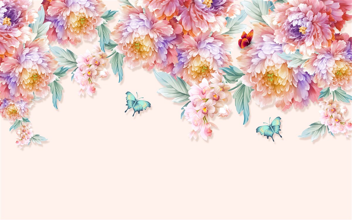 Fototapeten Blumen aller Farben und fallenden Schmetterlinge