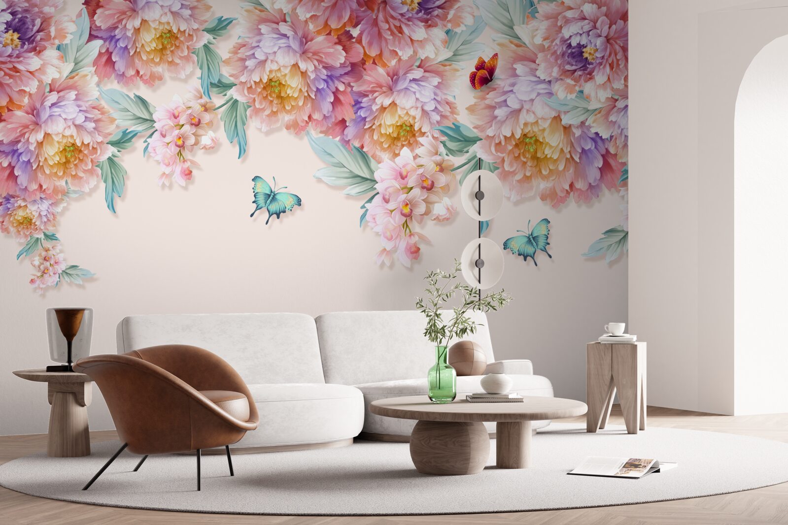 Fototapeten Blumen aller Farben und fallenden Schmetterlinge