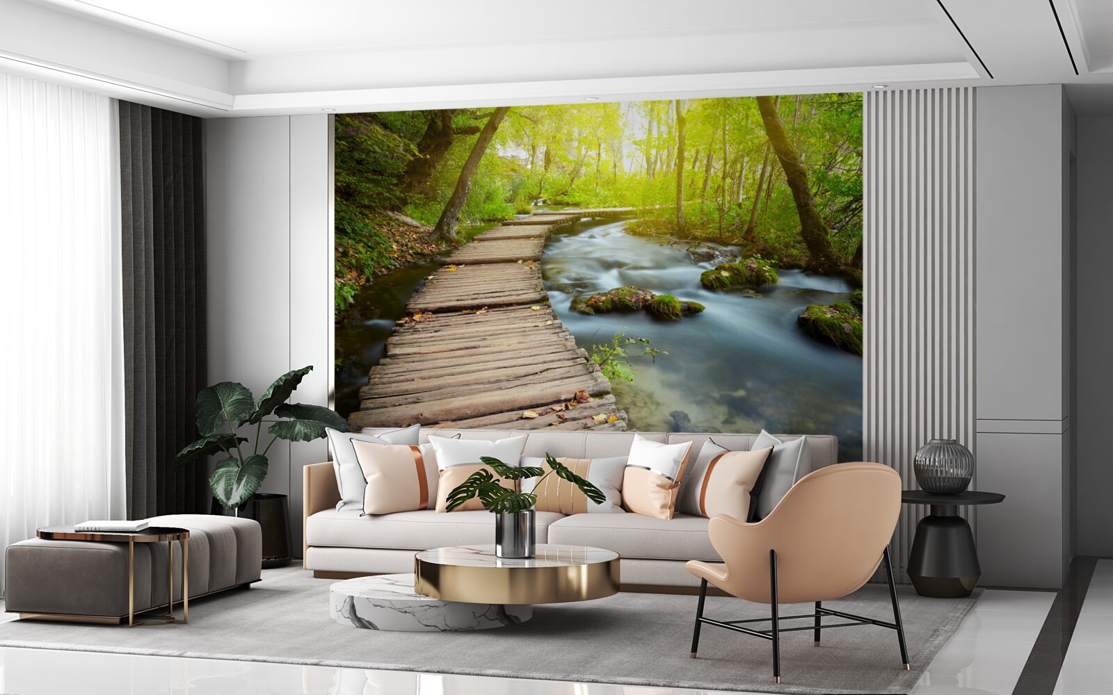 Fototapeten Holzweg in der Nähe des Flusses in einem sonnigen Wald