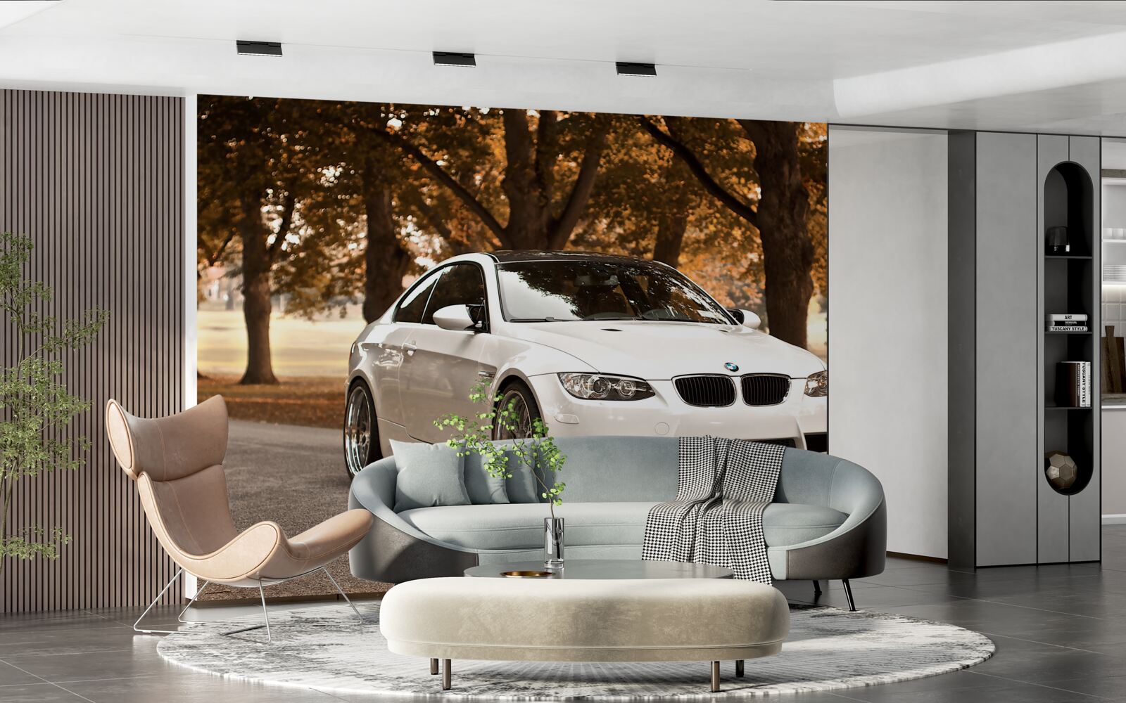 Fototapeten Weißer BMW fährt im Herbst