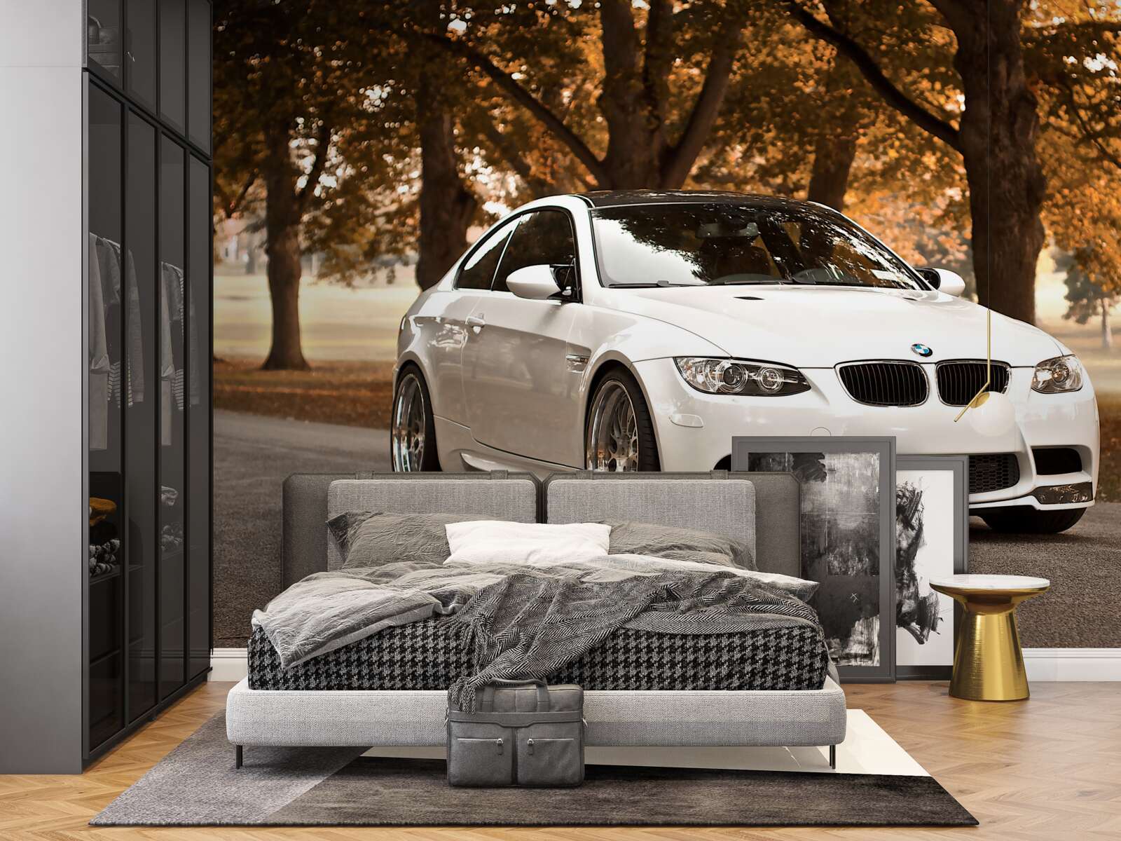 Fototapeten Weißer BMW fährt im Herbst