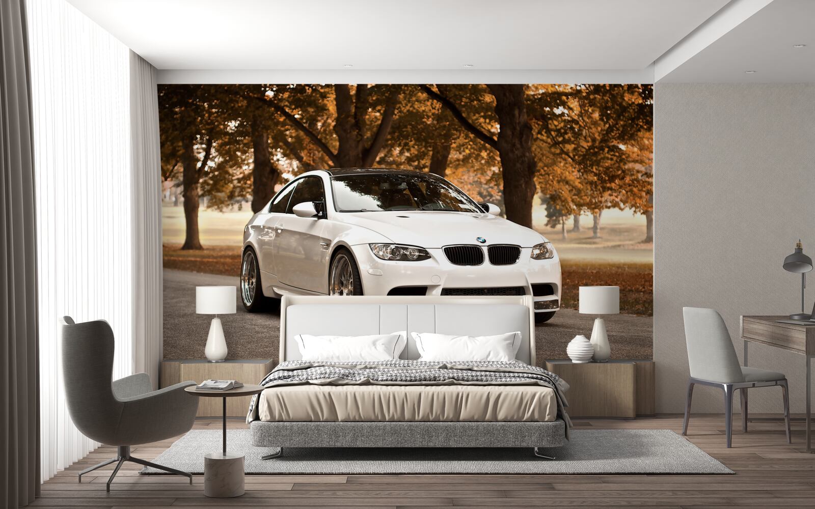 Fototapeten Weißer BMW fährt im Herbst