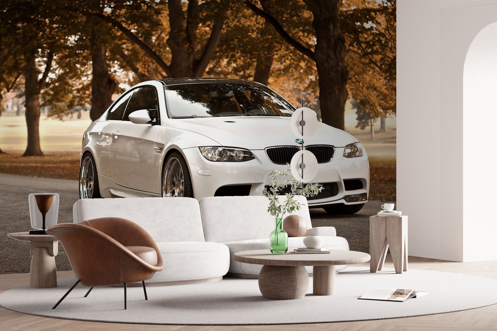 Fototapeten Weißer BMW fährt im Herbst