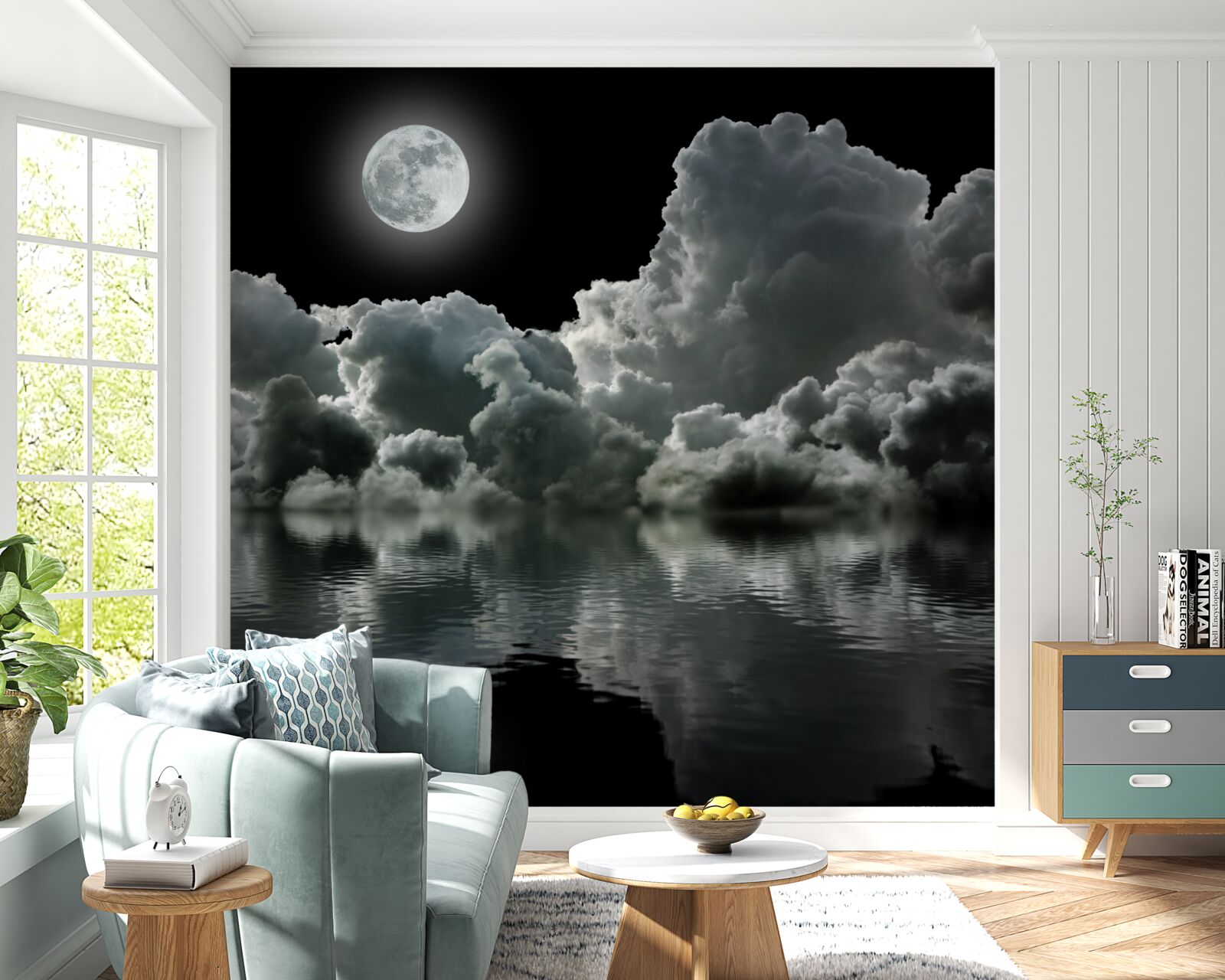 Fototapeten Der Mond in voller Pracht reflektiert im Wasser zwischen den Wolken