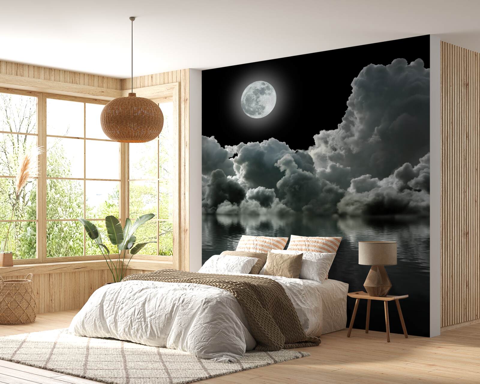 Fototapeten Der Mond in voller Pracht reflektiert im Wasser zwischen den Wolken