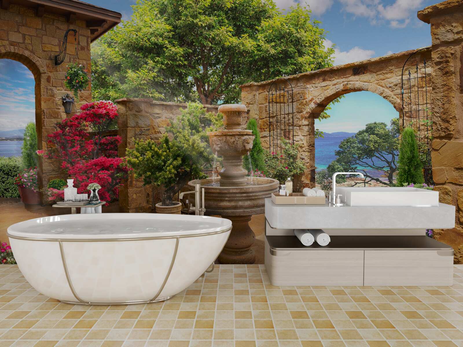 Fototapeten Ein ruhiger und grüner Garten mit Brunnen und Blumenrabatten