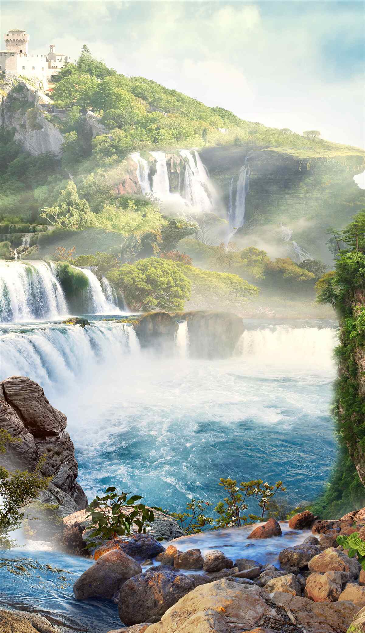 Fototapeten Viele Wasserfälle mit hoher Kaskade