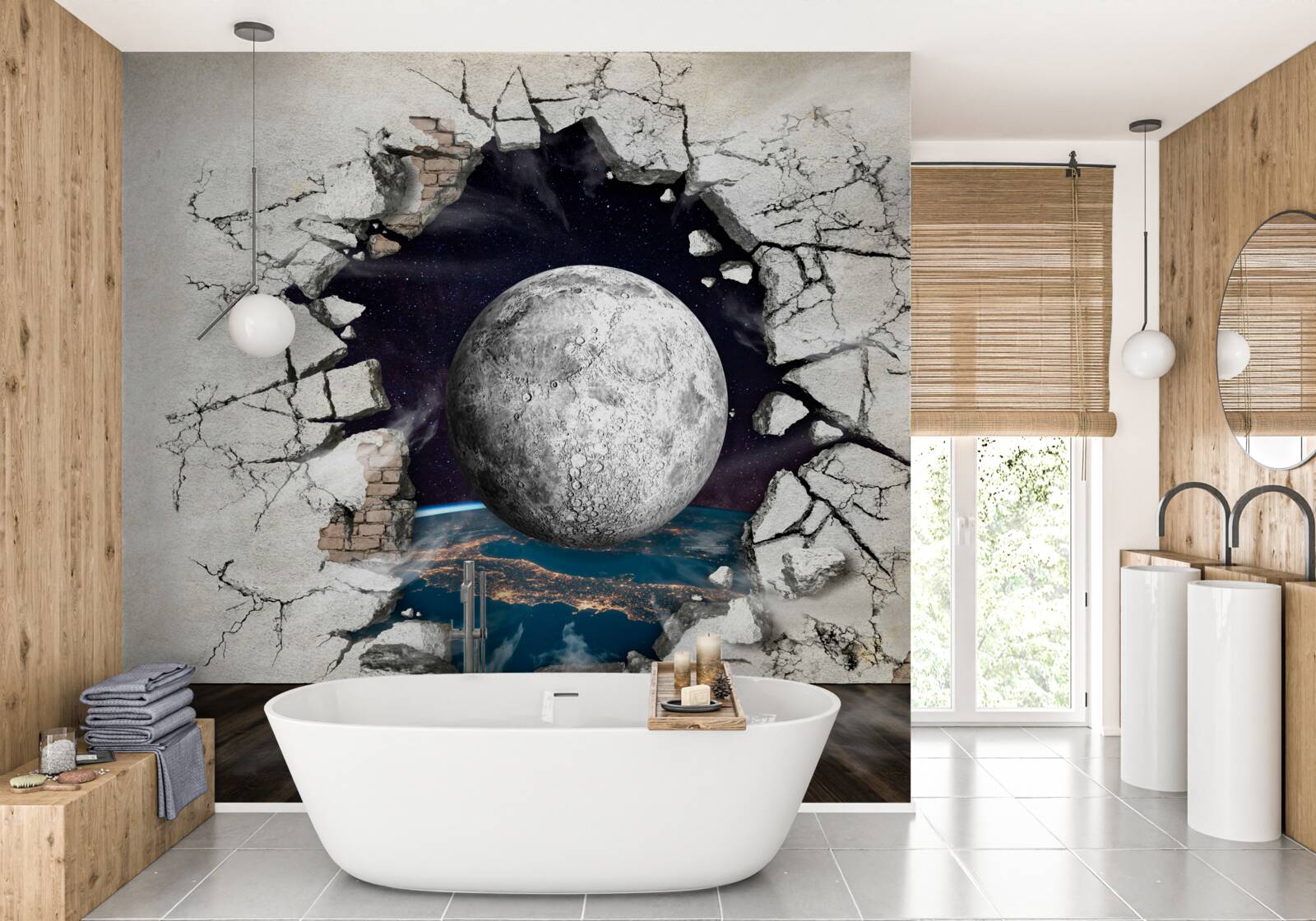 Fototapeten Weiße Wand durch den Mond getrennt
