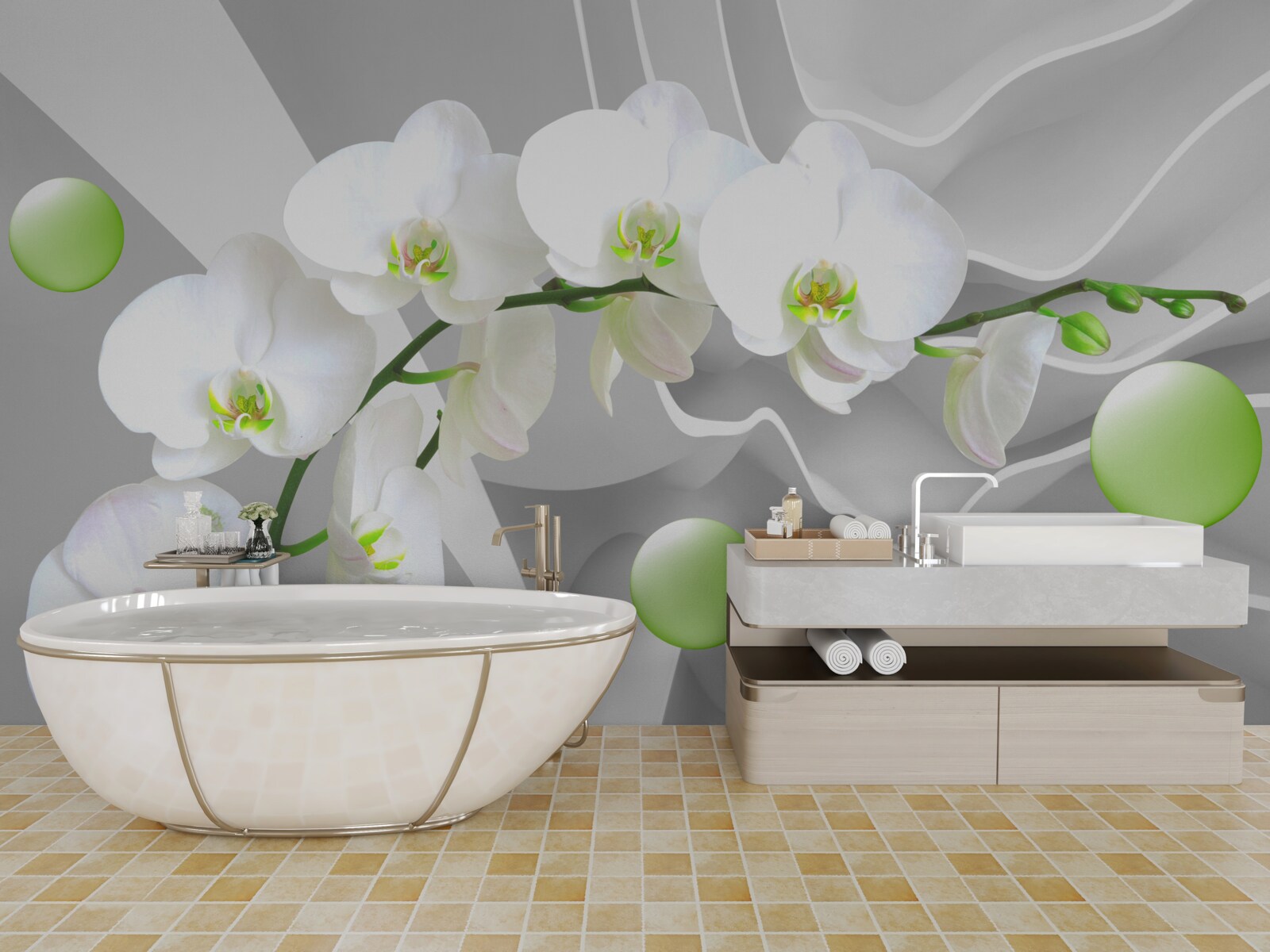 Fototapeten heimlich schwimmende grüne Kugeln und eine blasse Orchidee