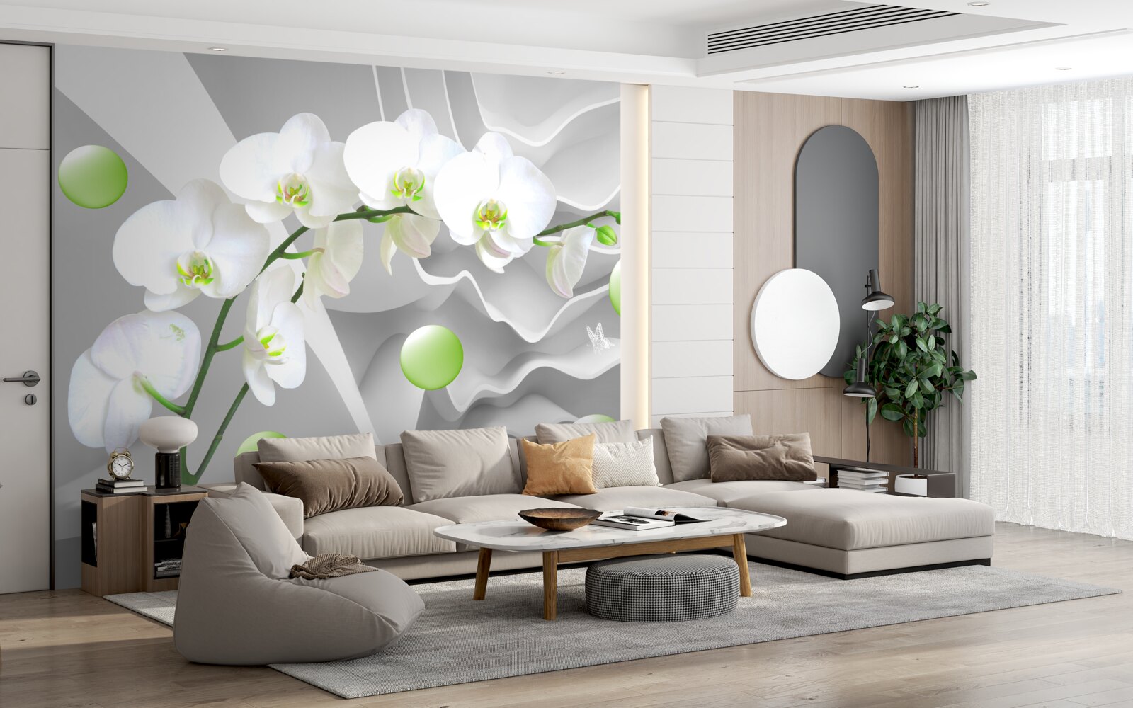 Fototapeten heimlich schwimmende grüne Kugeln und eine blasse Orchidee