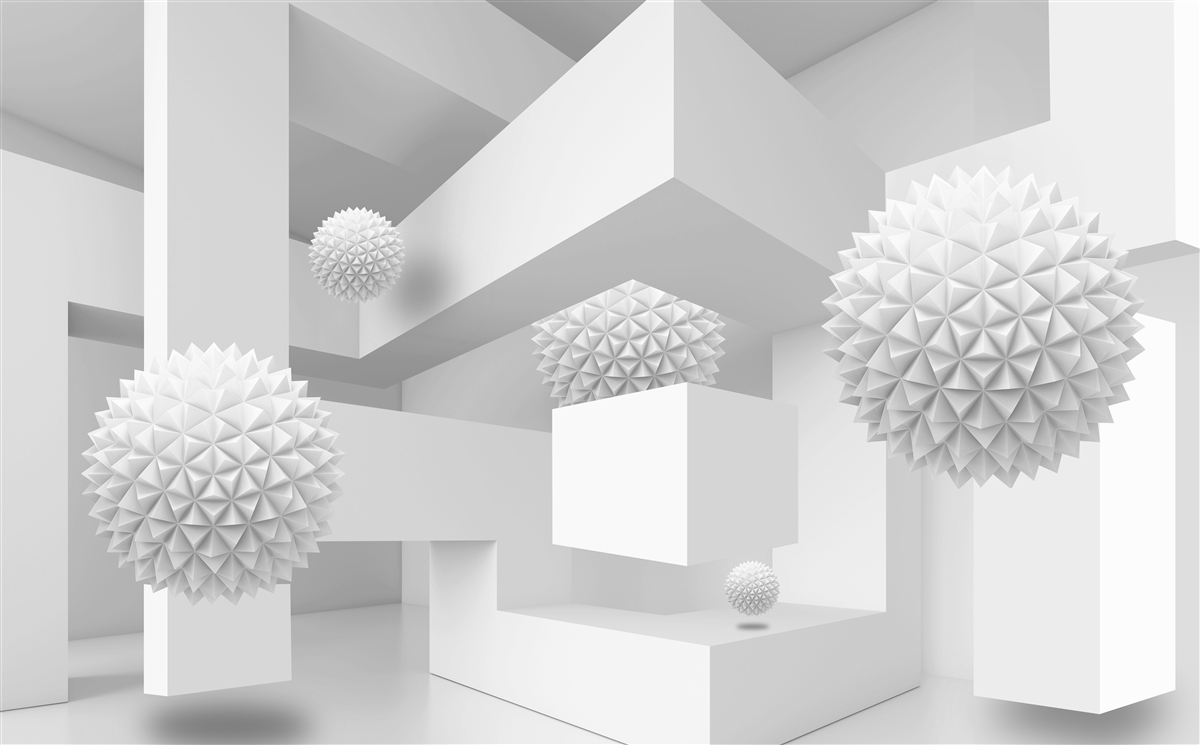 Fototapeten Scharfe Kugeln in abstrakter Geometrie fliegen